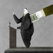 Illustration d'un politicien qui est aussi une tirelire : une main lui glisse un billet de banque dans le dos tandis qu'il prononce un discours.