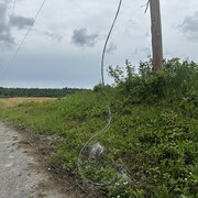 Des câbles sont coupés au pied d'un poteau à Saint-Léandre, sur une route de campagne.
