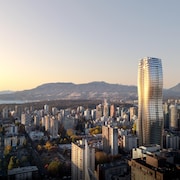 La modélisation de la tour est incluse dans une vue aérienne de la ville de Vancouver. 