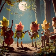 Des personnages en forme de feuilles jouent d'un instrument de musique dans une forêt. 