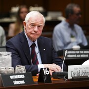 David Johnston assis à une table, devant un micro, en comité parlementaire.
