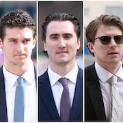 Dillon Dubé, Cal Foote, Alex Formenton, Carter Hart et Michael McLeod à leur entrée au palais de justice de London le 30 avril 2025.