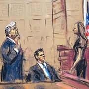 Dessin de Donald Trump lors de sa comparution à Washington.