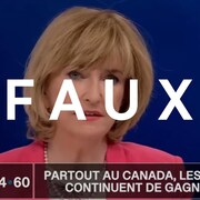 Capture d'écran d'un faux segment de 24|60 avec l'animatrice Anne-Marie Dussault qui fait la promotion d'une application de jeu de hasard. Le mot FAUX est superposé sur l'image.
