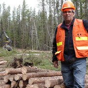  Maurice Boudreau accoudé sur un tronçon d'arbre abattu. En arrière plan, la machine qui fait le travail de 3 hommes!