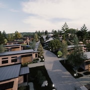 Une image d'une future petite rue avec des maisons écologiques et des arbres en grande quantité.