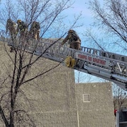 Des pompiers grimpant sur une échelle.