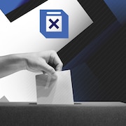 Une infographie avec une main qui dépose un bulletin de vote dans une boîte.