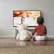 Un enfant regarde la télévision en tenant la main d'un toutou.