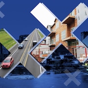 Un montage photo d'une route, d'un tramway, d'un logement en construction et d'un panneau de signalisation d'un hôpital.