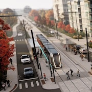 Esquisse montrant le tramway circuler sur le boulevard René-Lévesque, près de l'avenue Painchaud et l'avenue Maguire, en automne.