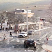 Une esquisse montrant le tramway immobilisé à la station Hôpital de l’Enfant-Jésus en hiver.