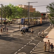 Esquisse de la station de tramway Hôpital de l’Enfant-Jésus en été.