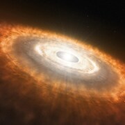 Illustration artistique montrant une étoile naissante entourée d'un disque dans lequel des planètes se forment.