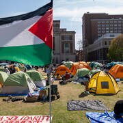 Des étudiants circulent au milieu de dizaines de tentes érigées sur le terrain de l'université.