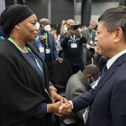 La ministre de l'Environnement et vice-première ministre de la République démocratique du Congo, Eve Bazaiba Masudi, serre la main de son homologue chinois, Huang Runqiu.
