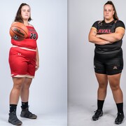 
 Deux photos portrait d'elle côte à côte, l'une dans un uniforme de basketball, l'autre dans un uniforme de rugby.
