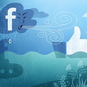 Illustration d'un nuage Facebook qui pousse un homme dans un bateau. Les médias traditionnels flottent au fond de l'eau.