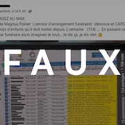 Une publication Facebook qui affirme qu'un employé de Magnus Poirier « capote sur le nombre d'enfants qu'il doit traiter depuis deux semaines ». Le mot FAUX est superposé sur l'image.