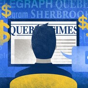 Illustration d'un homme devant un ordinateur. Il est sur la page du Quebec Times. De l'écran émanent des signes de dollar. Il y a le logo de Google Traduction dans une bulle de dialogue provenant de la tête de l'homme.
