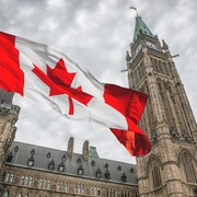 Drapeau du Canada qui flotte au vent en face du parlement canadien.