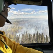 Une personne dans un hélicoptère regarde la fumée sortant d'une forêt, en mai 2024.