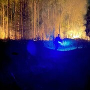 La forêt brûle et au milieu on aperçoit la silhouette d'un homme.