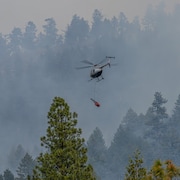 Un hélicoptère vole au-dessus de forêt de conifères, d'où s'échappe de la fumée. 