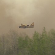 Un bombardier d'eau survole les arbres dans la région du Lac du Bonnet et traverse la fumée.