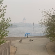 Le Palais législatif de Regina, en Saskatchewan, dans un brouillard de fumée en raison des feux de forêt.