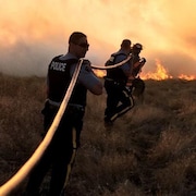 Des agents de la GRC aidant à lutter contre un incendie de forêt. 