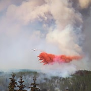 Un avion survole le feu de Dunes West pour tenter de l'éteindre près de la vallée de Wapiti, au sud de Grande Prairie, le 7 mai 2023.