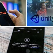 Montagne montrant le logo de Netflix, celui d'Unity et un téléphone affichant le blocage des nouvelles sur Instagram. 