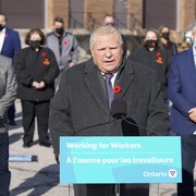 Le premier ministre de l'Ontario, Doug Ford, a annoncé la hausse du salaire minimum mardi accompagné des leaders syndicaux Jerry Dias (Unifor, à gauche) et Warren Thomas (SEFPO, à droite), et de ses ministres des Finances et du Travail, Peter Bethlenfalvy et Monte McNaughton.