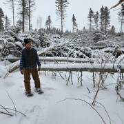 En hiver, Monsieur Lechasseur regarde les arbres couchés dans la forêt.