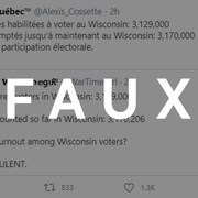 Un tweet de Radio-Québec véhicule de fausses informations sur l'issue du vote aux États-Unis. Le mot FAUX est superposé sur la photo. 