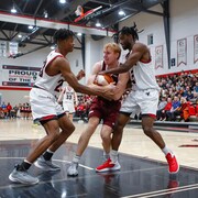 Trois joueurs de basketball se disputent le ballon.