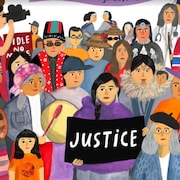 Une foule d'Autochtones dont une femme au centre brandit une pancarte comportant le mot justice.