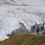 Deux personnes marchent sur une partie gazonnée en direction d'un immense glacier. 
