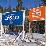 Des affiches du Parti libéral, du Parti du Yukon et du Nouveau Parti démocratique devant une bute enneigée, le 18 mars 2021.