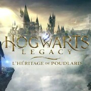 Affiche d'un jeu vidéo montrant un sorcier qui regarde en direction de Poudlard. 