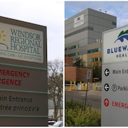 Les panneaux des l'hôpital régional de Windsor et de Bluewater Health.