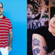 Deux photos côte à côte d'un homme et d'une femme qui prennent la pose. Les deux ont de grands tatouages sur les bras.
