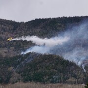 Un avion qui déverse de l'eau sur un feu de forêt dans une montagne, d'où sort un panache de fumée.