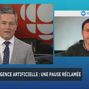 Capture d'écran d'une entrevue au téléjournal avec Bruno Savard et l'invité Marc-Antoine Dilhac. 