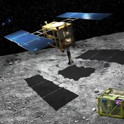 Représentation artistique de la sonde Hayabusa 2 recueillant un échantillon de matière sur l’astéroïde Ruygu.