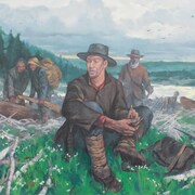 Une peinture représentant John Robert Giscome, Henry McDame et deux guides Lheidli T'enneh lors de leurs voyages dans la région de la Rivière de la Paix.