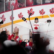 Canada's Joshua Roy celebrates a goal during second period IIHF World Junior Hockey Championship semifinal action against USA in Halifax on Wednesday, January 4, 2023. THE CANADIAN PRESS/Darren Calabrese