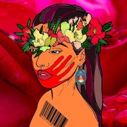 L'illustration de Kit Thomas, représente le visage d'une jeune personne, avec une couronne de fleurs sur la tête, une main rouge peinte sur la partie basse du visage et une boucle d'oreille aux motifs autochtones.