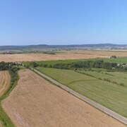 Vue aérienne de différents champs en culture dans la région du témiscamingue.
